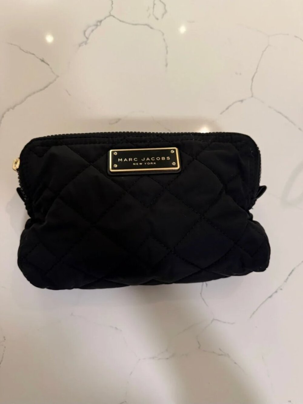 Marc Jacobs Black Quilted Cosmetic Pouch with Gold Plaque and double zippers